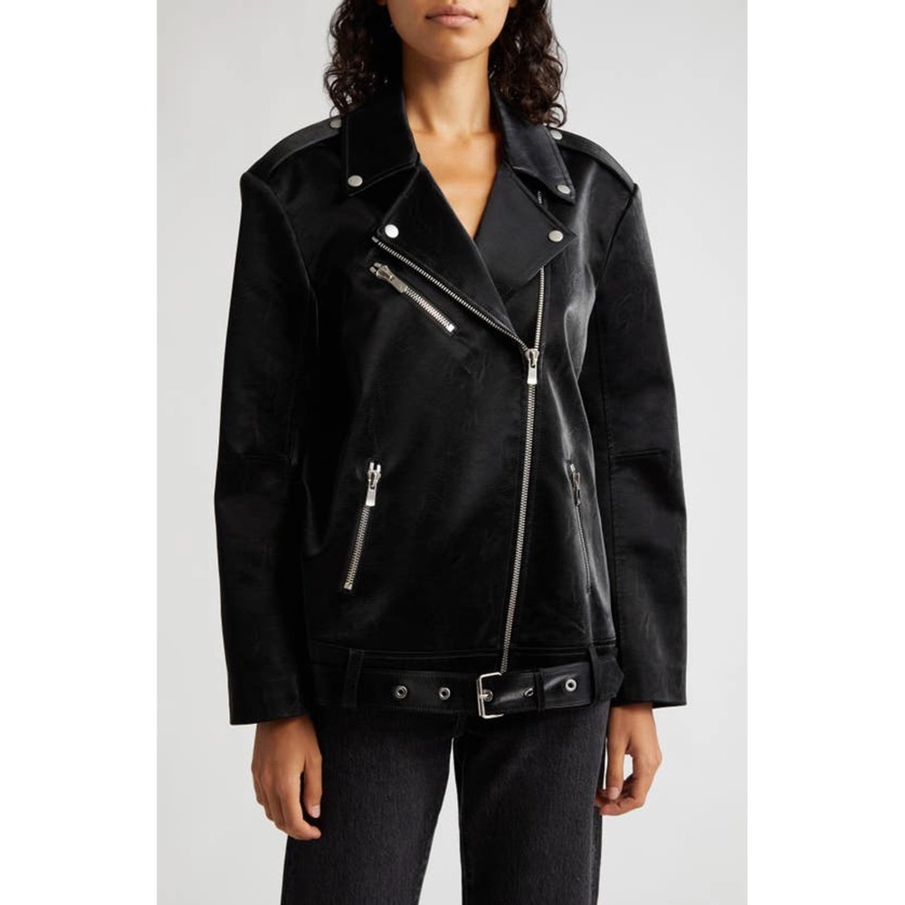NWT Cinq a Sept Brice Faux Leather Moto‎ Jacket Small Black Belted Minimalist